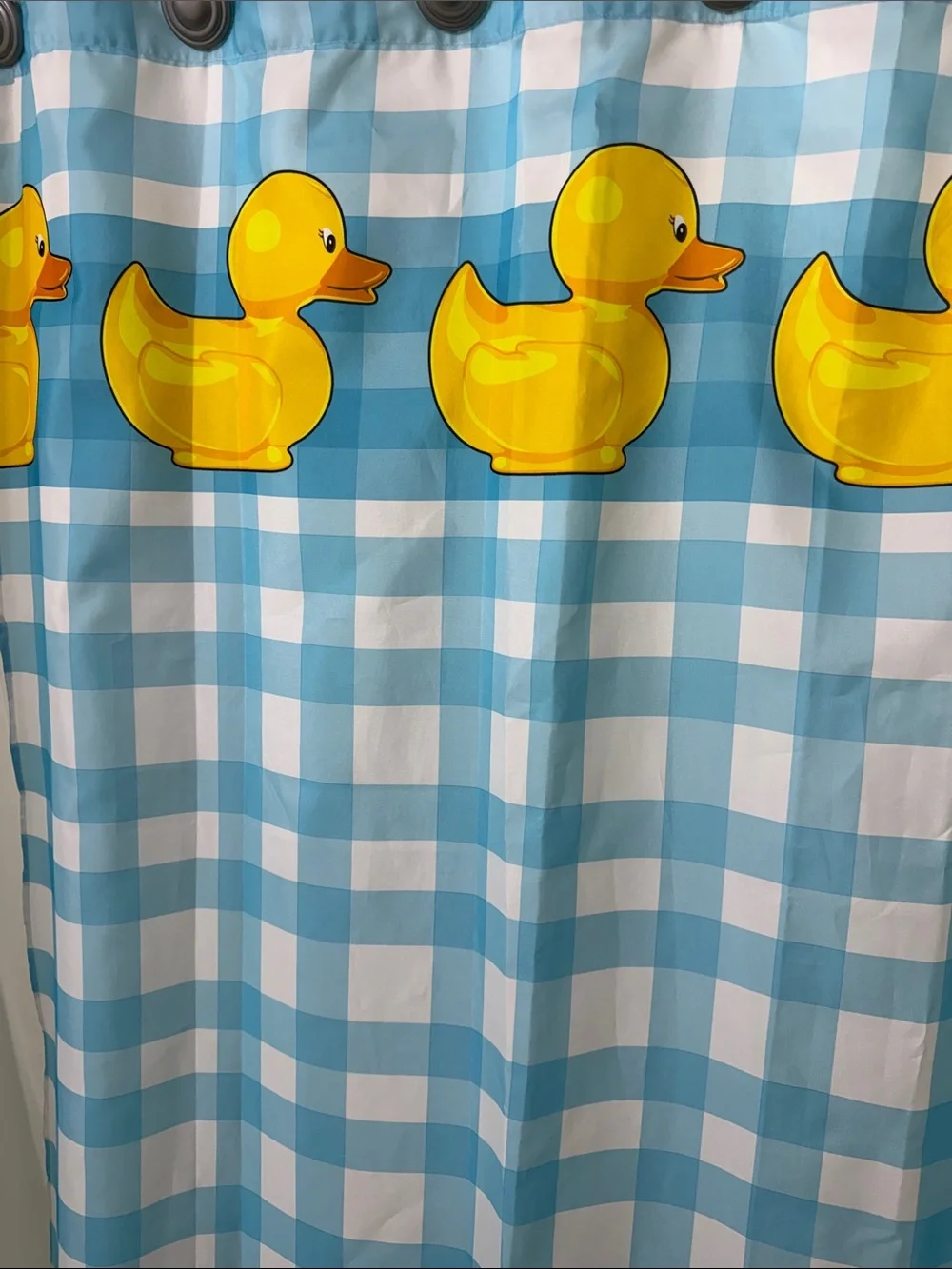 Bright Yellow Rubber Duck Shower Curtain on Blue Gingham